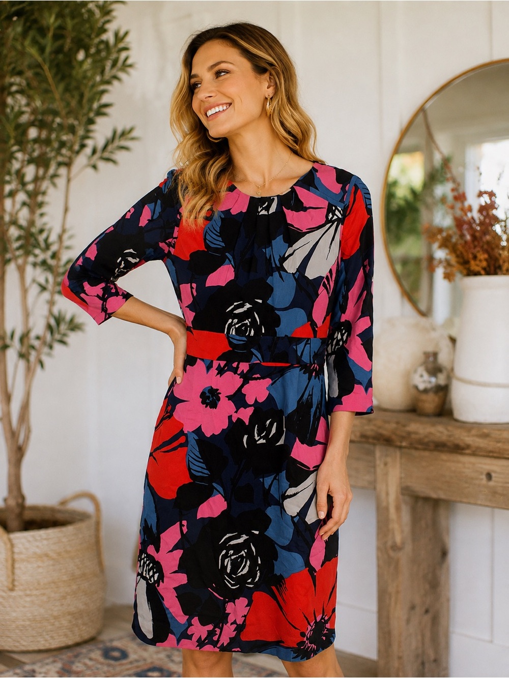 Tory Burch Floral Sheath Dress Abstract Print 3/4 Sleeve